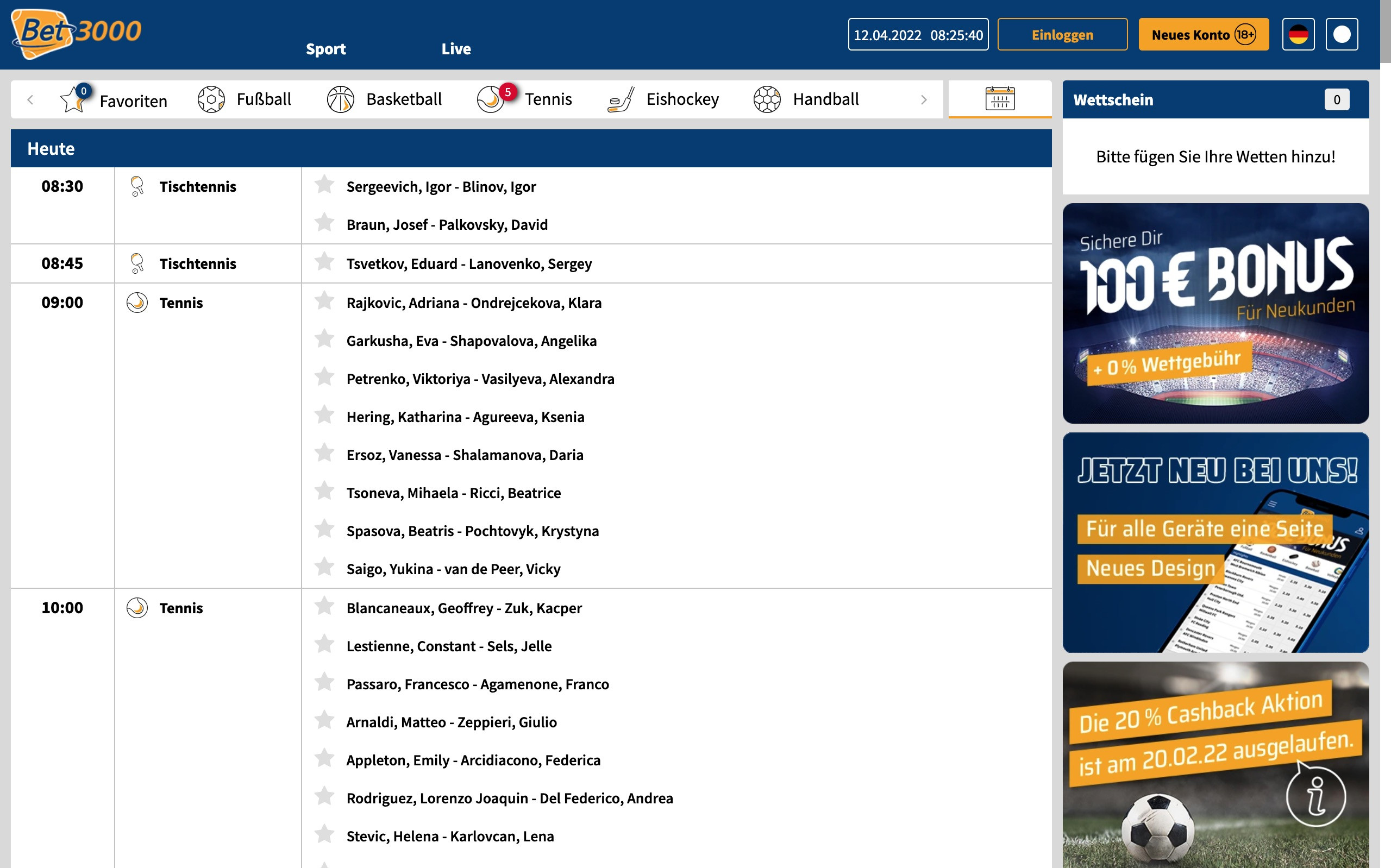 Bet3000 Live Kalender